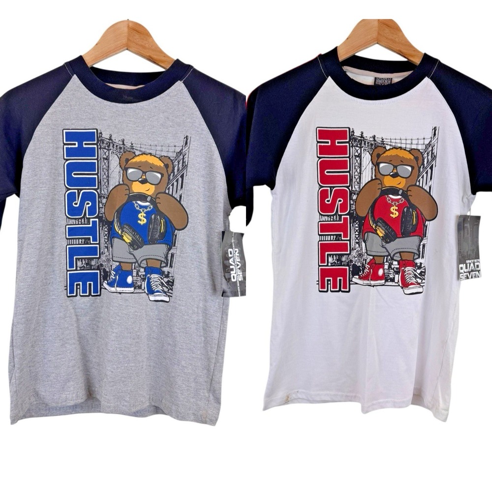 Quad Seven Boys 12/14 HUSTLE Bear T-shirt‎ Lot of 2